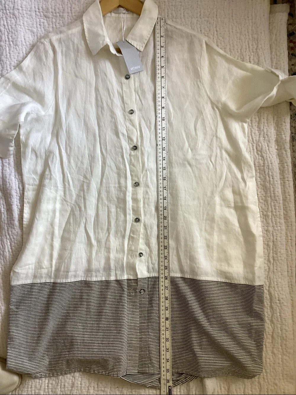 UCHUU LINEN LONG SHIRT OR SHORTDRESS OFF WHITE/ grey striped - Picture 5 of 5